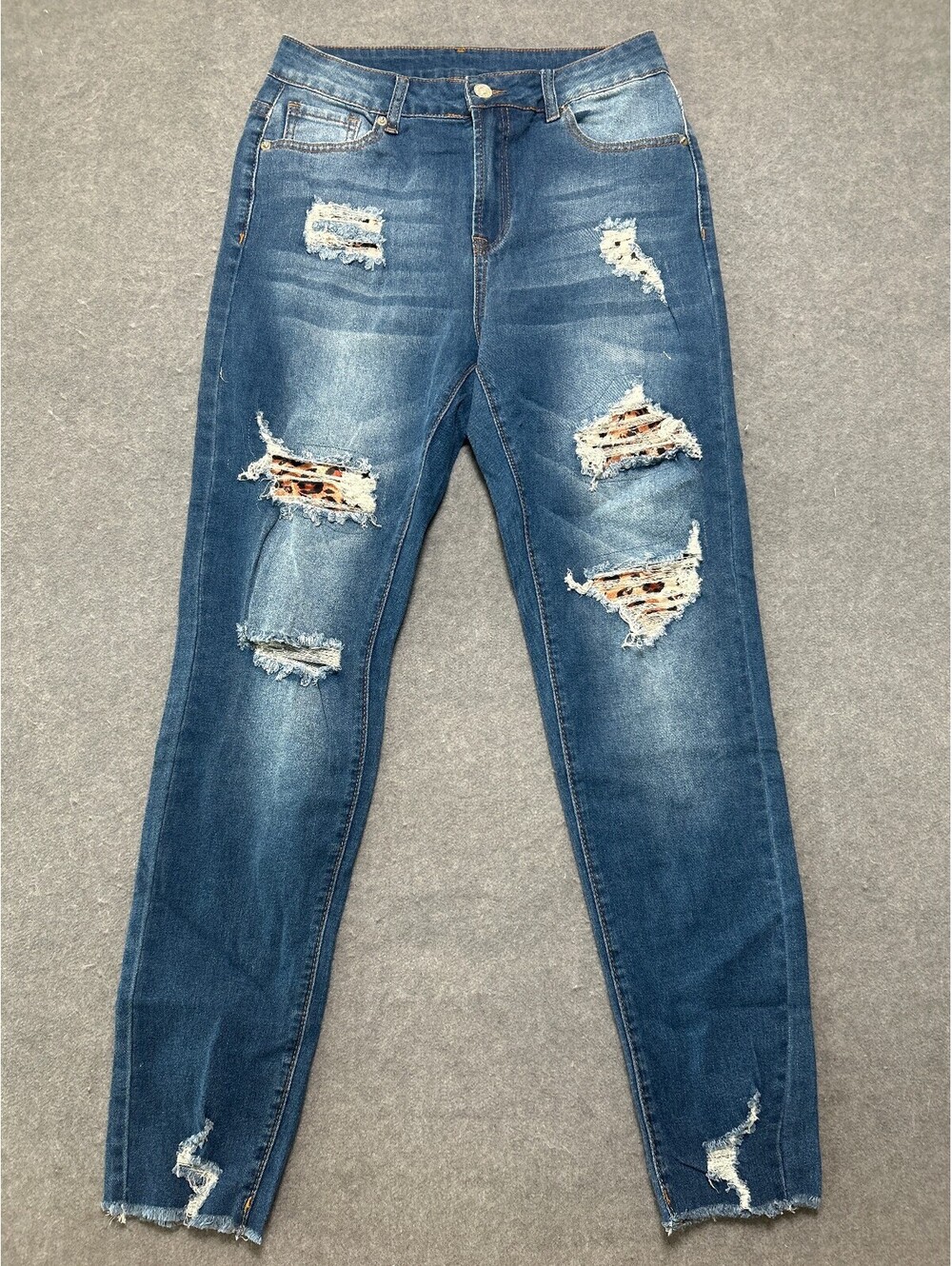 Women's Distressed Skinny Jeans Leopard Print Patch Stretch Denim Size S